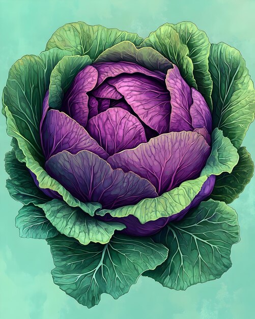 Photo vibrant pop art of layered cabbage head with exaggerated textures and patterns