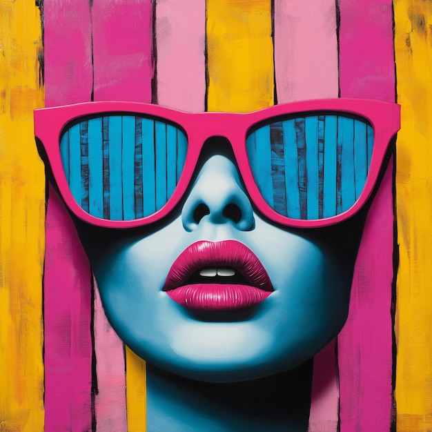 Photo vibrant pop art portrait of a woman wearing oversized pink sunglasses with a colorful background emphasizing bold and expressive style