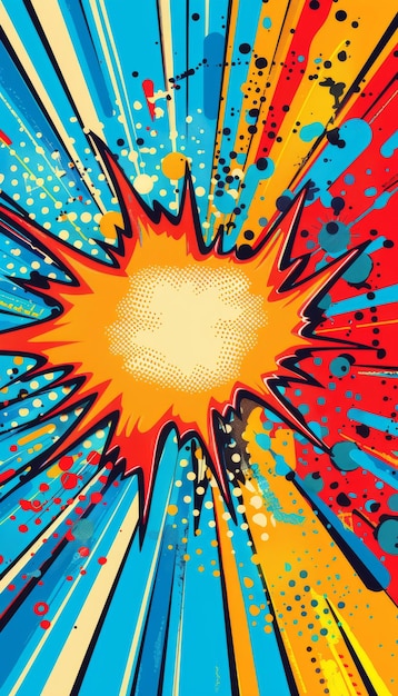 Photo vibrant pop art splash explosion in comic book style featuring bold colors and dynamic lines that