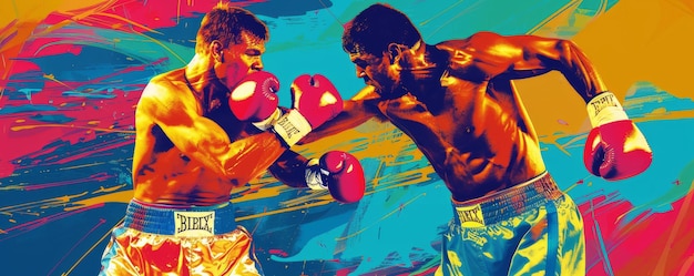 Photo vibrant pop art style boxing match showcasing two fighters midstrike