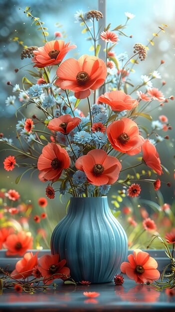 Vibrant poppies and wildflowers arranged beautifully in a blue vase