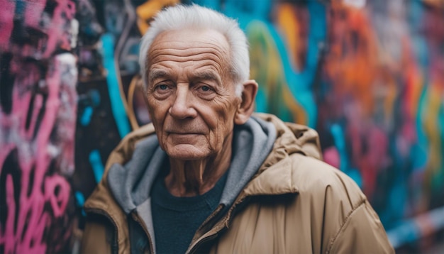 Vibrant Portrait of Elderly Man with Graffiti Art Background