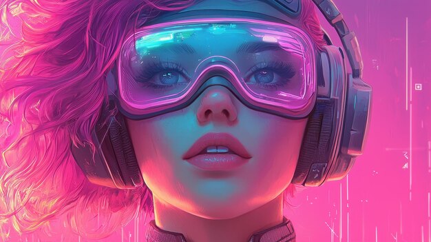 Photo a vibrant portrait of a female gamer with neon colors stylish headphones and futuristic goggles embodying the essence of digital culture