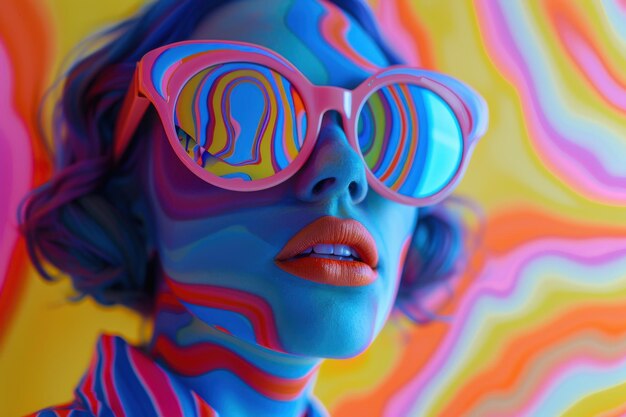 Photo vibrant portrait of a model with colorful patterns reflected in oversized sunglasses