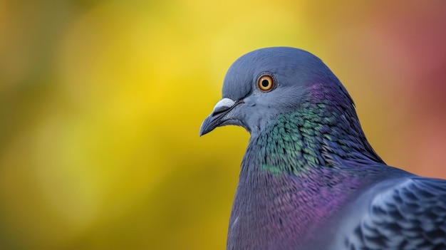 A vibrant portrait of a pigeon its iridescent plumage gleaming against a softfocus backdrop of autumn hues