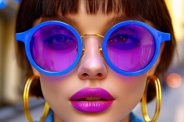 Photo vibrant portrait of a woman in bold pink sunglasses with purple background capturing contemporary