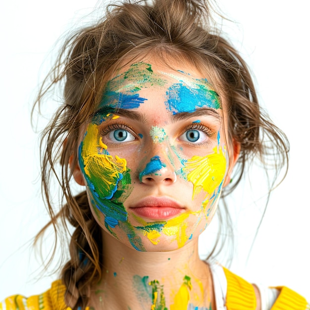 Photo a vibrant portrait of a young artist with colorful paint smeared on her face