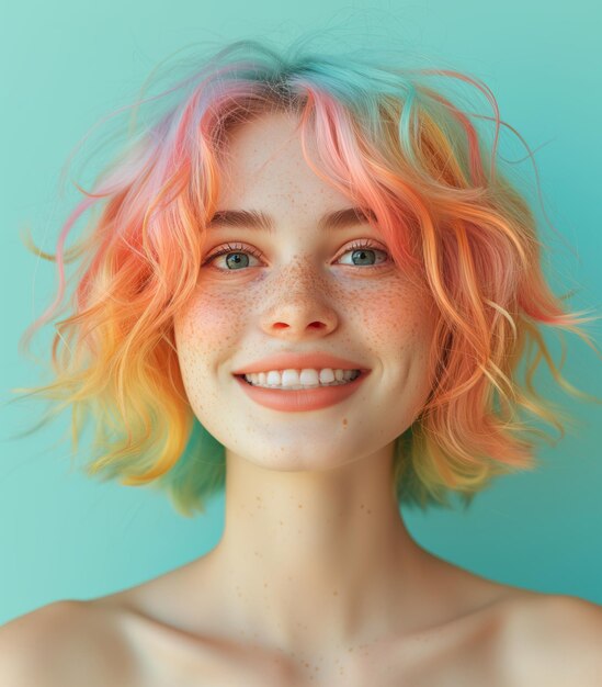 Vibrant portrait of young smiling girl with multicolored rainbow hair showcasing her cheerful smile