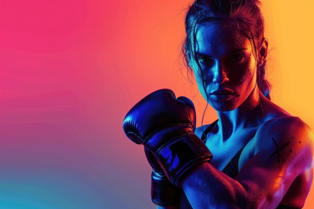 Vibrant portraits of female boxer and MMA athlete in neon light