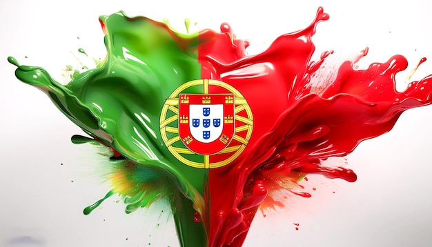 Photo vibrant portugal paint splash flag green and red on white background