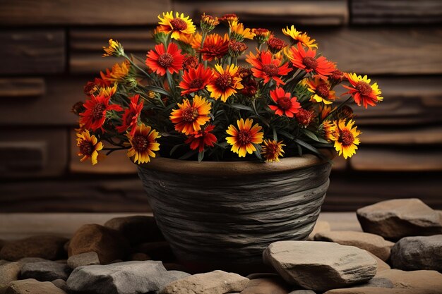 Vibrant pot of orange and yellow flowers set against a rustic stone background