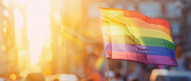 Vibrant pride parade scene with a large rainbow flag held in the foreground cityscape in warm sunlight blurred parade participants in the background