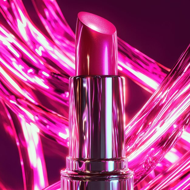 Vibrant product shot of pink lipstick with bright neon background Lipstick advertisement concept