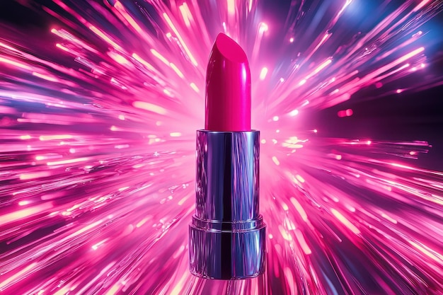 Vibrant product shot of pink lipstick with bright neon background Lipstick advertisement concept