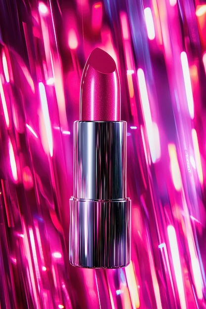 Photo vibrant product shot of pink lipstick with bright neon background lipstick advertisement concept