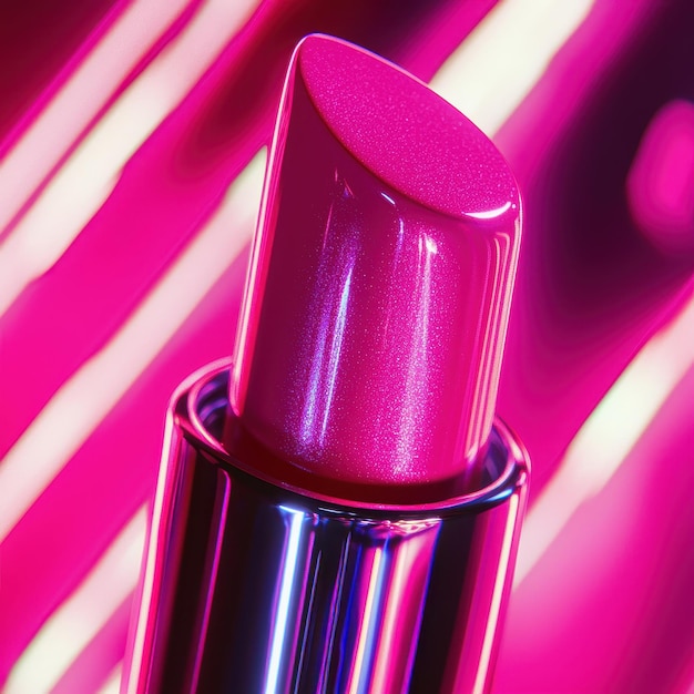 Photo vibrant product shot of pink lipstick with bright neon background lipstick advertisement concept