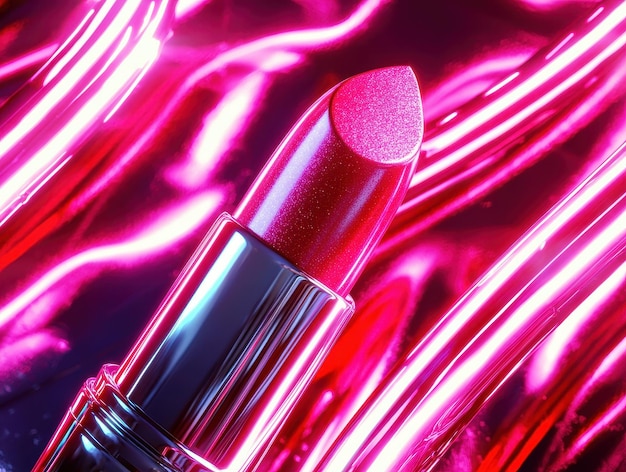 Photo vibrant product shot of pink lipstick with bright neon background lipstick advertisement concept