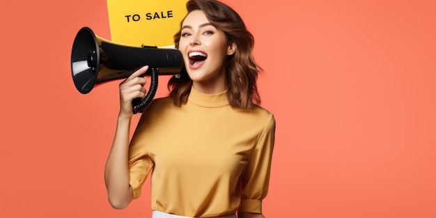 Photo vibrant promotion smiling young woman announcing sale offers with megaphone against single colour background perfect for banner or with ample copy space for text capturing attention and excitement