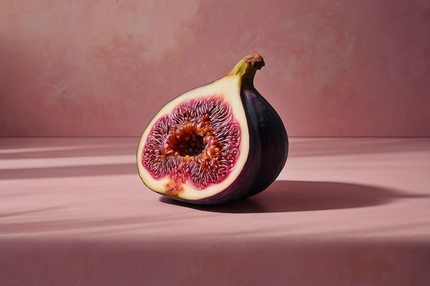 A vibrant promotional image of a delicious cut fig on a pastel purple background Juicy fruit