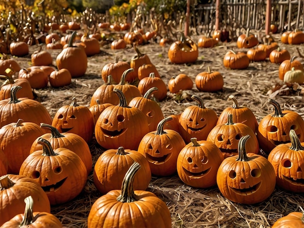 Vibrant Pumpkin Patch Filled with Smiling Jack O Lanterns on a Sunny Halloween Day