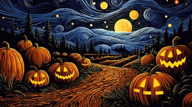 vibrant pumpkin patch under a starry night sky commemorating Halloween