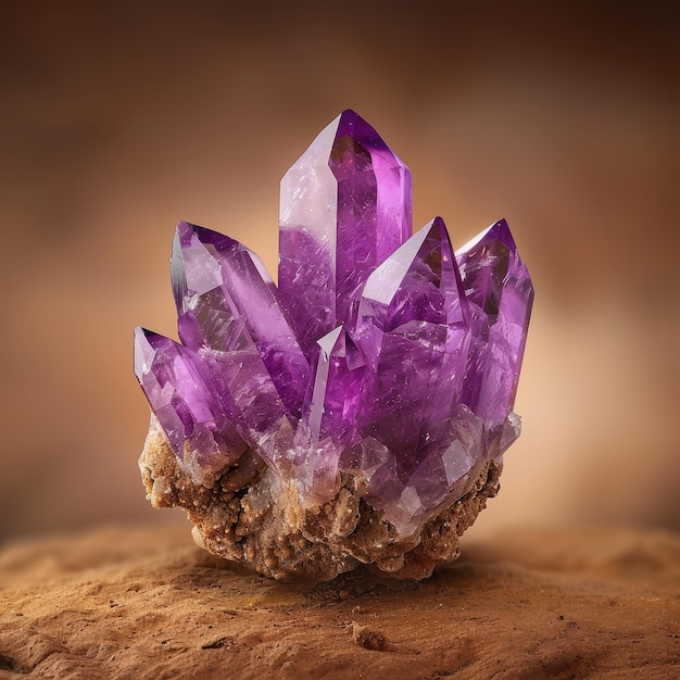 Vibrant purple amethyst crystal cluster on rocky surface