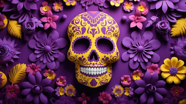 a vibrant purple background with a central golden sugar skull