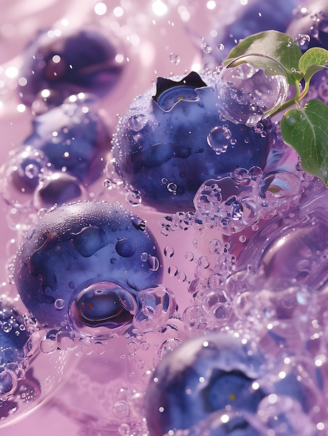 Photo vibrant purple blueberries with water in anime aesthetic