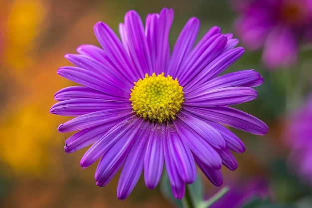 Vibrant Purple Daisy Bloom with Yellow Center in Lush Garden Setting Floral Beauty in Nature