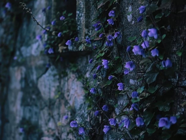 Photo vibrant purple flowers climbing up a dark tree trunk