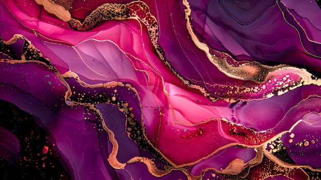 Vibrant Purple and Gold Abstract Art Fluid Acrylic Waves Texture Elegant Marbling Technique Background for Design Projects AI