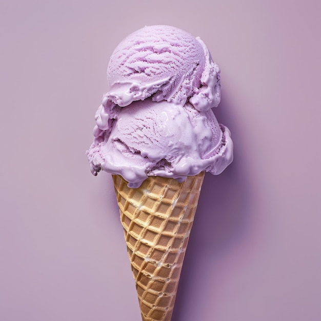 A vibrant purple ice cream cone sits on a matching background creating a harmonious and colorful composition