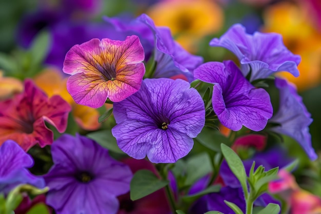 Vibrant Purple and Orange Petunia Flowers in Full Bloom Amidst Lush Greenery in a Springtime Garden