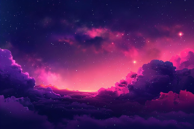 Vibrant purple and pink gradient background with a dark sky dark space with stars a cloud of smoke