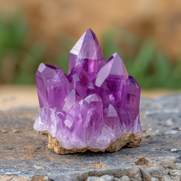 Vibrant purple quartz crystal cluster on rocky surface