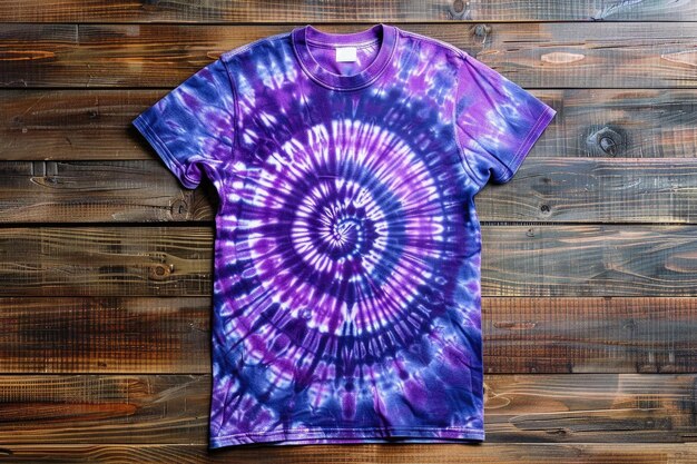 Vibrant Purple TieDye TShirt on Rustic Wooden Background