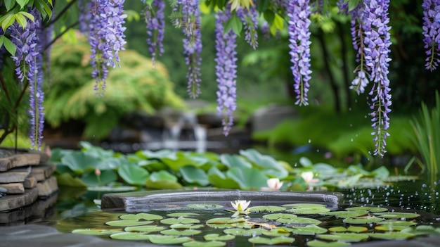 Vibrant purple wisteria vines frame the sides of the podium while a serene pond filled with floating