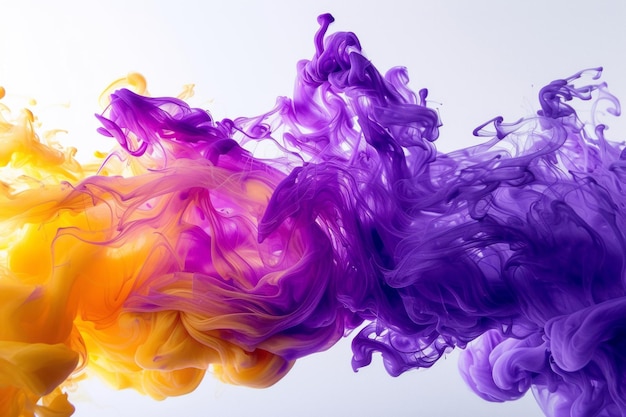 Vibrant Purple and Yellow Paint Collision on White Background for Creative Design