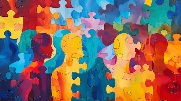 Vibrant puzzle pieces fitting together representation of mental health advocacy Generative AI