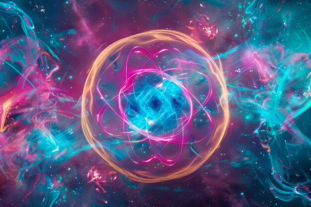 Photo vibrant quantum physics concept with dynamic particles