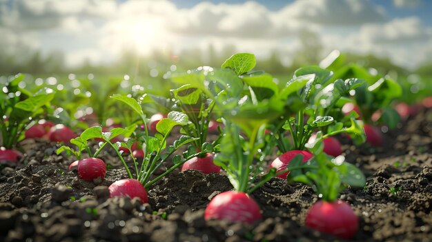 Photo vibrant radish field with rows of fresh green leaves and red radishes under sunlight concept of agriculture farming organic vegetables and natural produce