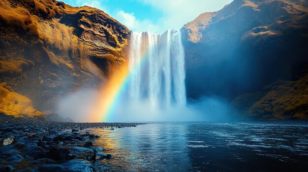 Photo vibrant rainbow arching over a misty waterfall and dark rocks