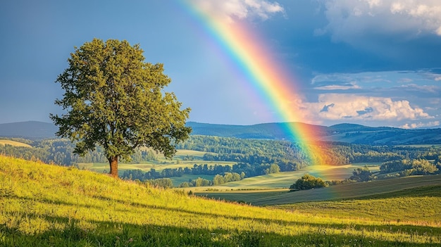 Vibrant Rainbow Arching Over Serene Rural Landscape Symbolic Sign of Hope and Renewal After Rainstorm