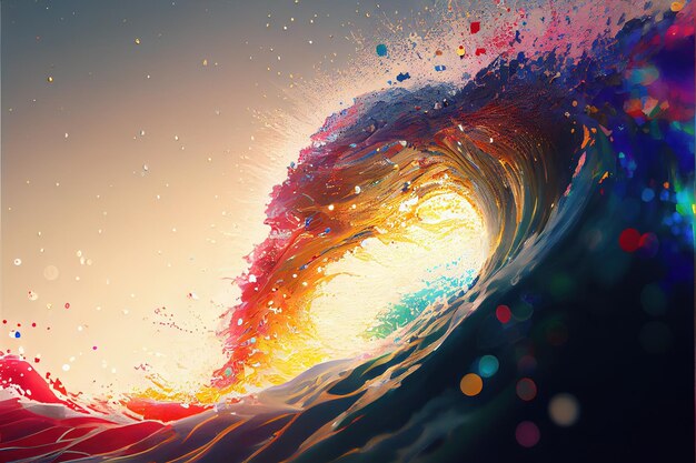 Vibrant rainbow color tidal wave splashing in contemporary abstract art