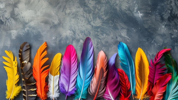 Vibrant Rainbow Feathers on Grey Background