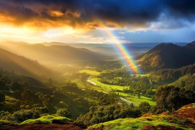 A vibrant rainbow stretching across a lush valley after a passing storm with sunlight breaking throu