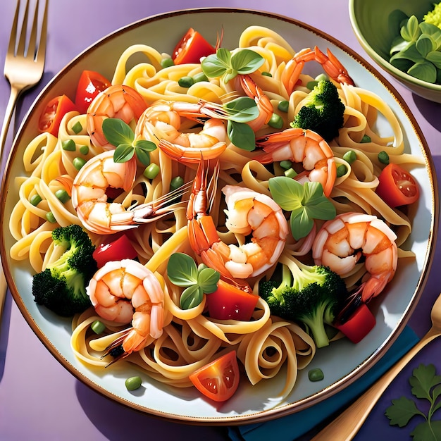 Vibrant RainbowColored Pasta Swirled with Crisp Veggies and Succulent Shrimp