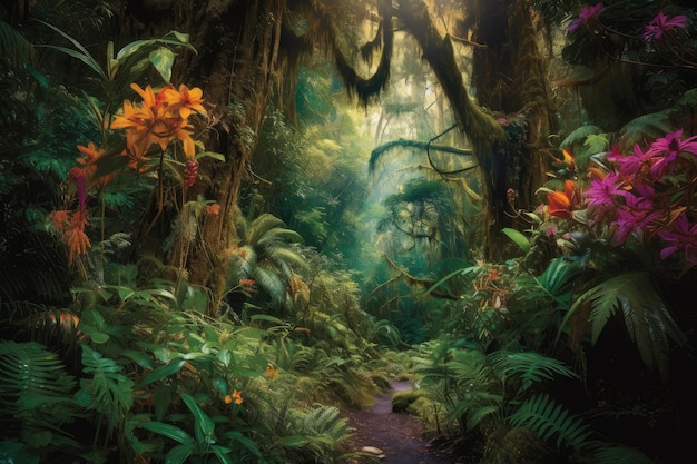 Vibrant rainforest lush life serene waterfalls and colorful birds generative IA