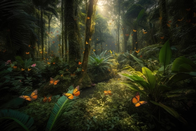 Vibrant rainforest lush wildlife captivating natural beauty generative IA