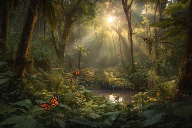 Vibrant rainforest lush wildlife captivating natural beauty generative IA